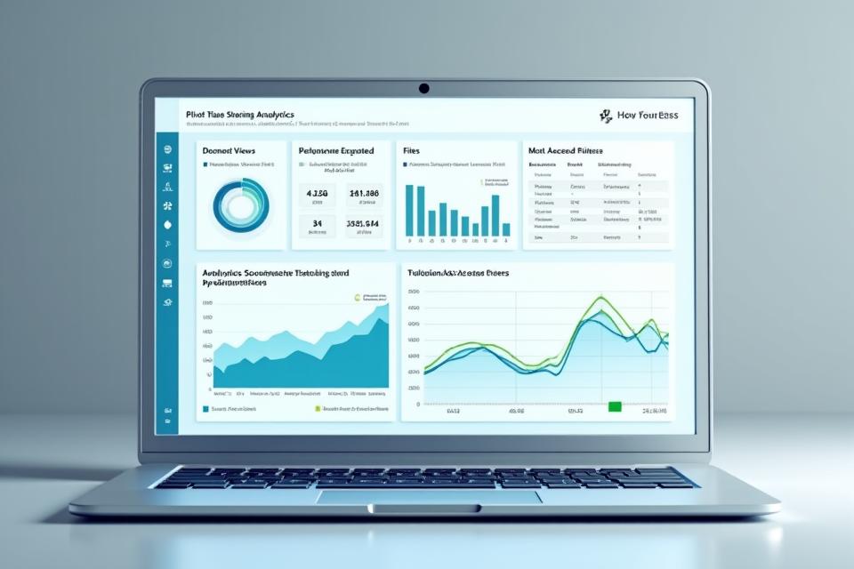 Representación de un dashboard de analytics de LuminaSync mostrando gráficos de acceso a archivos, tiempo de lectura, y los archivos más populares, con filtros de tiempo.
