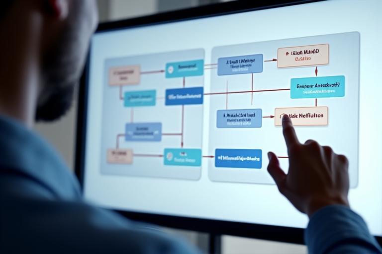 Interfaz de usuario de un constructor de automatizaciones visuales con elementos de arrastrar y soltar que muestran un flujo de trabajo entre LuminaSync y otras aplicaciones.