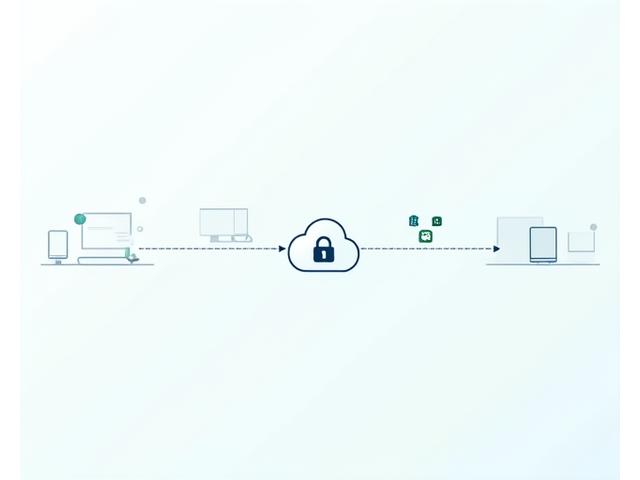 Diagrama de flujo que ilustra el proceso de sincronización segura de LuminaSync entre múltiples dispositivos como un smartphone, tablet y ordenador, mostrando el cifrado y la transmisión de datos.
