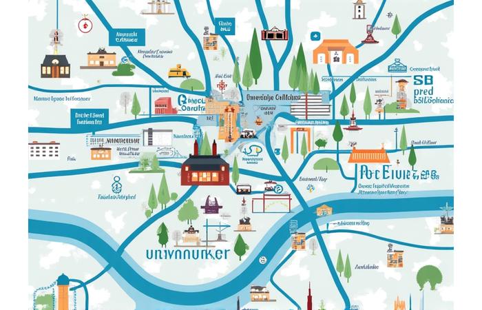 Mapa interactivo estilizado de Madrid destacando universidades y puntos de interés para estudiantes, con iconos de conexión a sistemas universitarios.