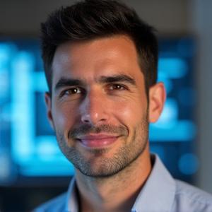 Foto de perfil del CTO de LuminaSync, Diego Ruiz, con fondo tecnológico y mirada concentrada.