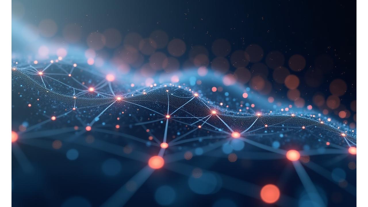 Representación abstracta de la misión de LuminaSync: nodos interconectados y engranajes digitales con un toque limpio y futurista, en tonos azules y blancos, simbolizando la smart productivity y la conexión global