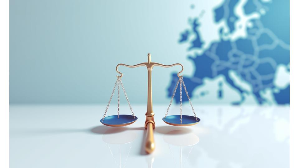 Una balanza de la justicia y un mazo de juez, estilizados en colores corporativos, reflejando el equilibrio y la autoridad de la ley, con un mapa de Europa difuminado de fondo.