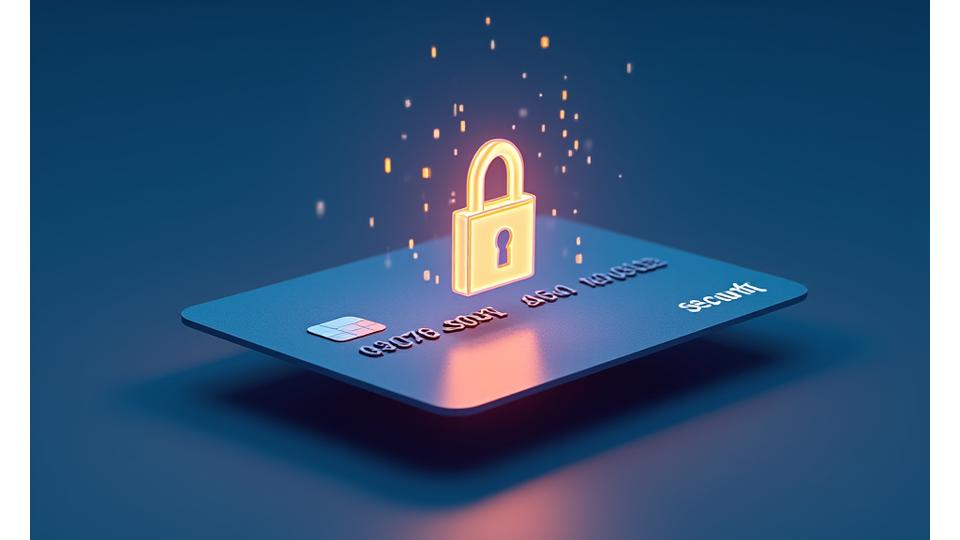 Tarjeta de crédito virtual con un símbolo de candado flotando sobre ella, indicando transacciones seguras y encriptadas, en tonos azules y dorados.